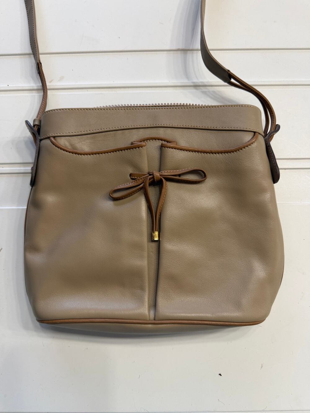 Celine Vintage Tan Calfskin Leather Drawstring Bowtie Shoulder Crossbody Bag